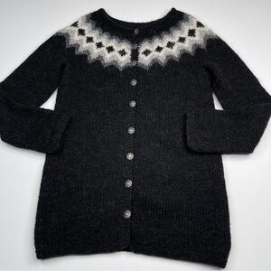 Fair Isle Cardigan Sweater Hand Knit Iceland Wool Black Grey Fisherman Apres Ski
